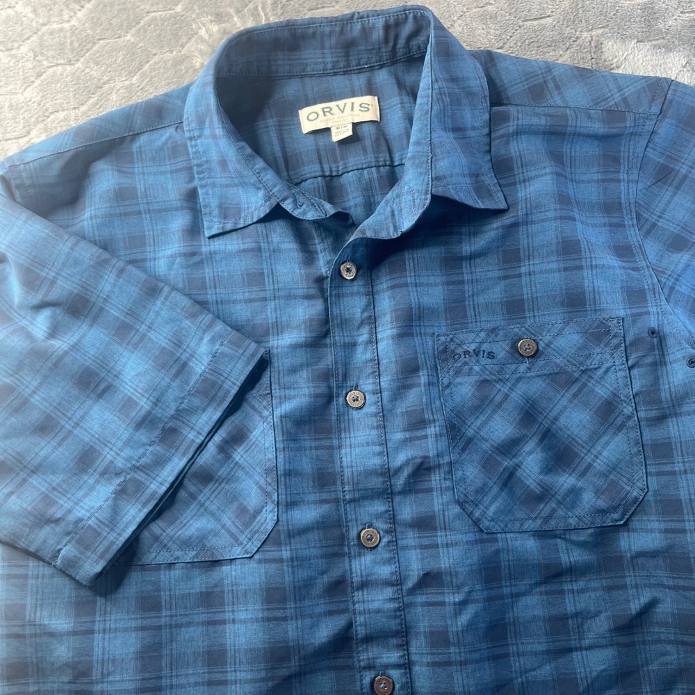 Orvis Button Down Shirt Mens M Blue Excellent Plaid Short Sleeve Polyester